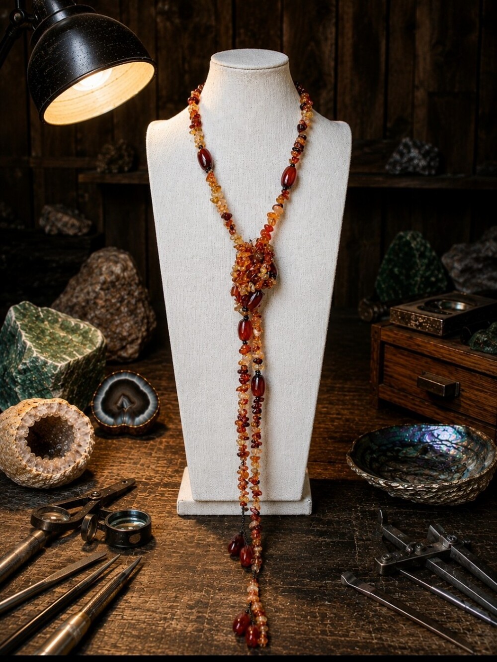 Carnelian Amber Tumbled Rocks Chip Stones Long Semi Precious Lariat Necklace NEW
